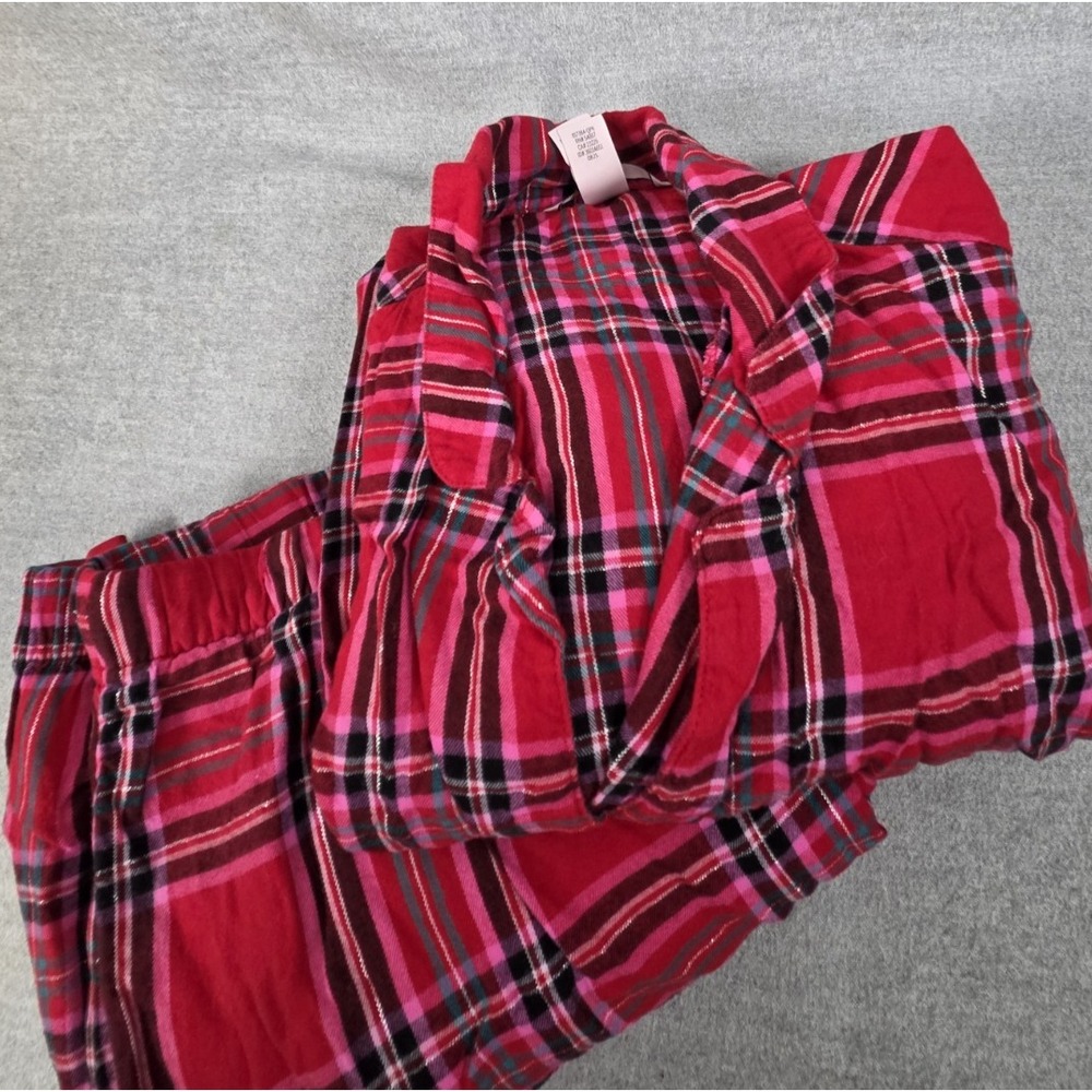 Victorias Secret Pajama Set L Red Pink Plaid Long Sleeve Logo Loungewear Relaxed